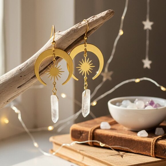 Gold Crescent Moon Sun Earrings Raw Clear Quartz Crystal Celestial Boho Witchy - Picture 6 of 10